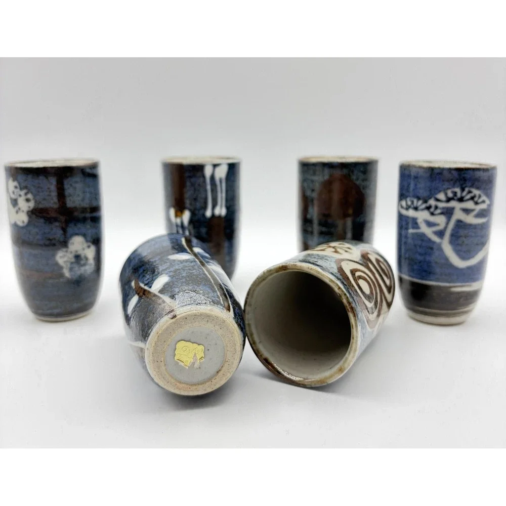 Studio Pottery Stoneware‎ Yunomi Tea Cups Set of 6 Blue Glaze Hand Painted Decor
